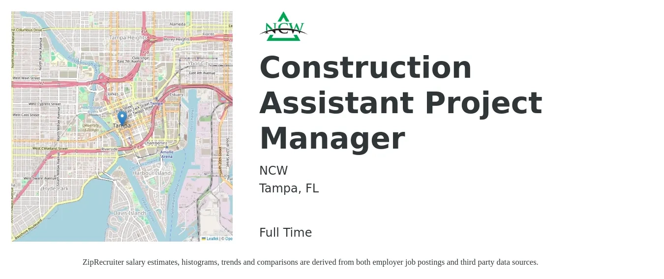 NCW job posting for a Construction Assistant Project Manager in Tampa, FL with a salary of $57,600 to $84,100 Yearly with a map of Tampa location.