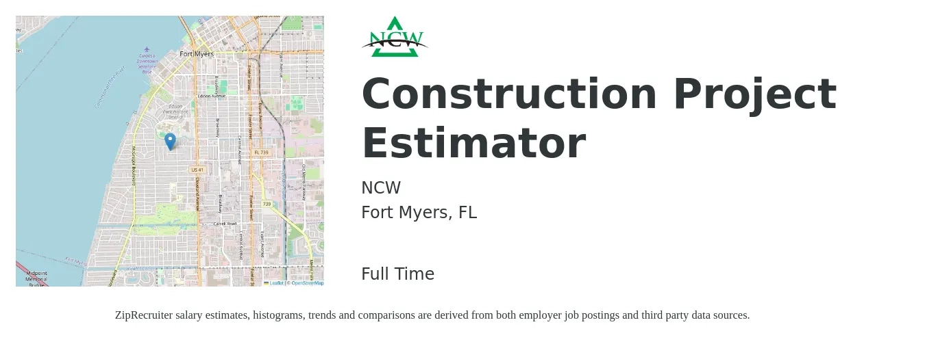 NCW job posting for a Construction Project Estimator in Fort Myers, FL with a salary of $56,900 to $84,500 Yearly with a map of Fort Myers location.