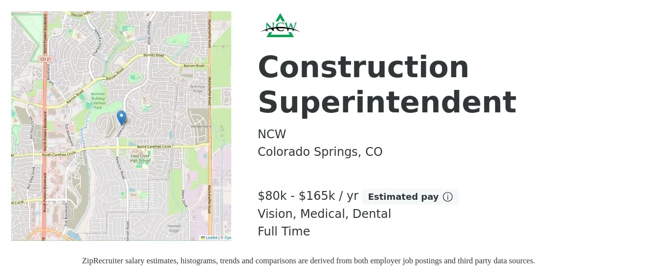 NCW job posting for a Construction Superintendent in Colorado Springs, CO with a salary of $80,000 to $165,000 Yearly and benefits including dental, life_insurance, medical, retirement, and vision with a map of Colorado Springs location.