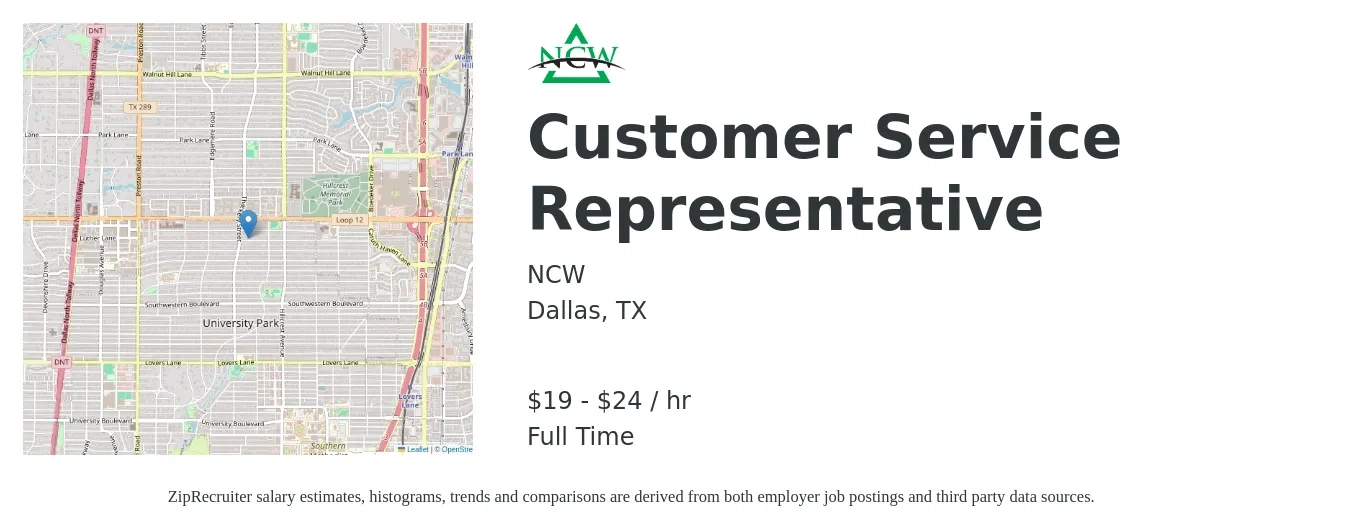 NCW job posting for a Customer Service Representative in Dallas, TX with a salary of $20 to $25 Hourly with a map of Dallas location.