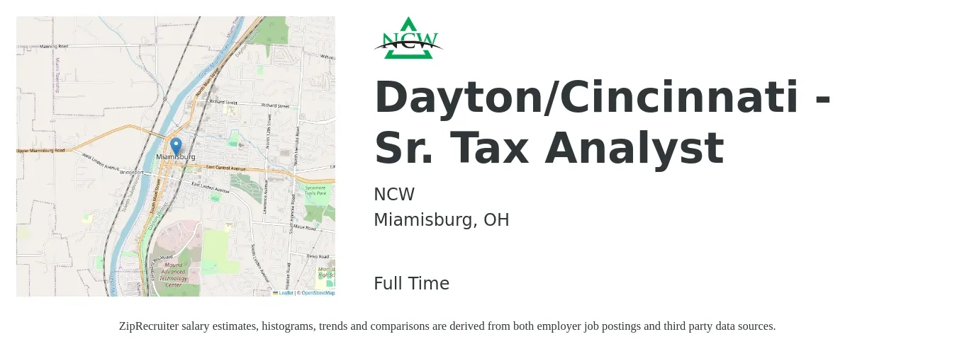 NCW job posting for a Dayton/Cincinnati - Sr. Tax Analyst in Miamisburg, OH with a salary of $104,100 to $104,500 Yearly with a map of Miamisburg location.