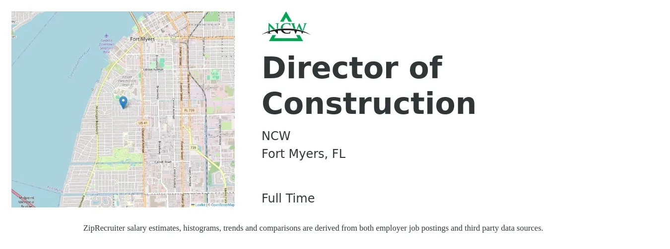 NCW job posting for a Director of Construction in Fort Myers, FL with a salary of $99,400 to $150,300 Yearly with a map of Fort Myers location.