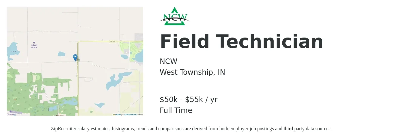 NCW job posting for a Field Technician in West Township, IN with a salary of $24 to $28 Hourly with a map of West Township location.