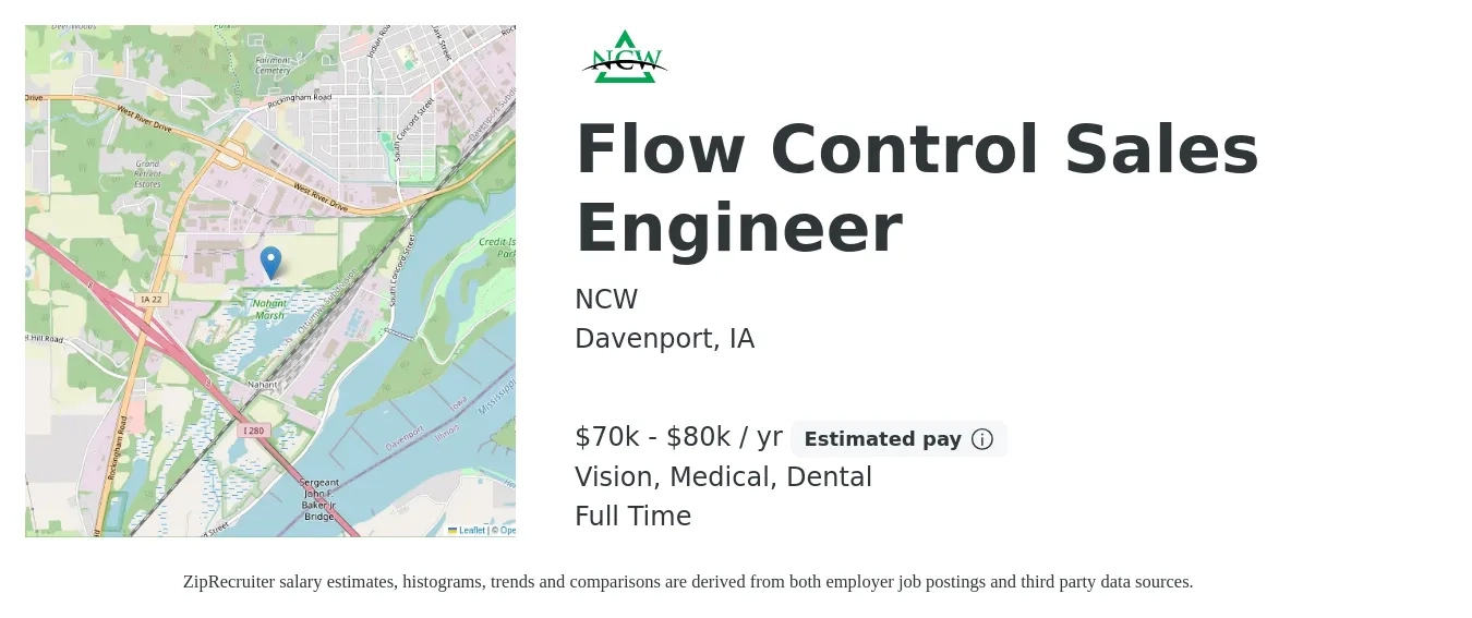 NCW job posting for a Flow Control Sales Engineer in Davenport, IA with a salary of $70,000 to $80,000 Yearly (plus commission) and benefits including retirement, vision, dental, life_insurance, medical, and pto with a map of Davenport location.