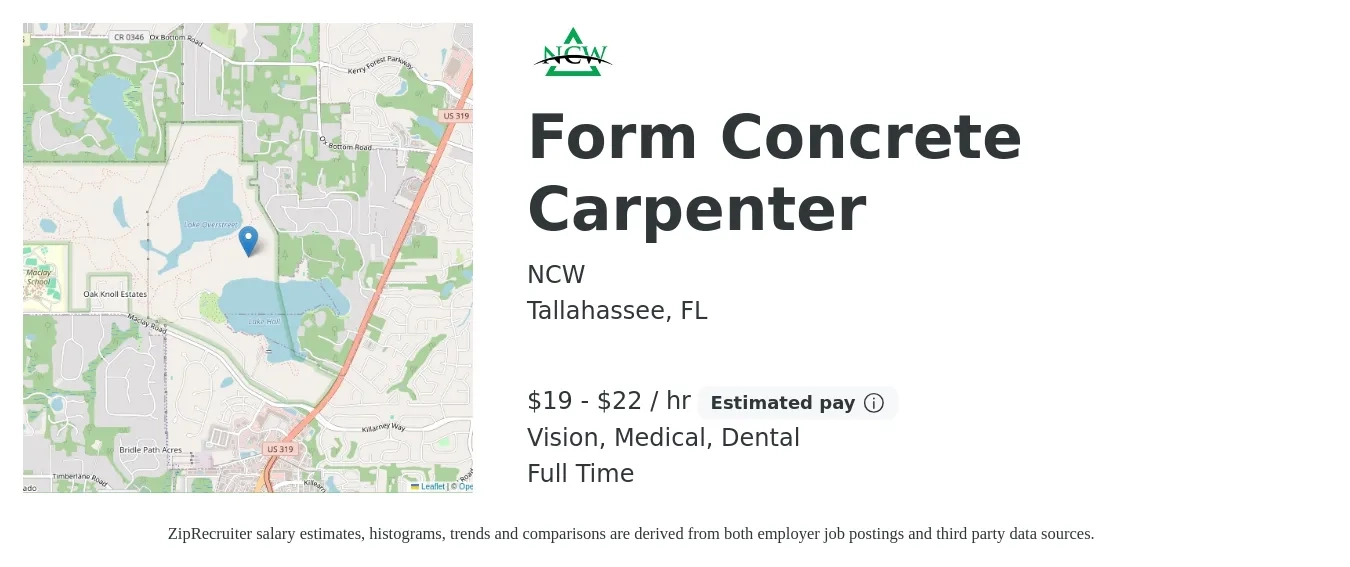 NCW job posting for a Form Concrete Carpenter in Tallahassee, FL with a salary of $20 to $22 Hourly and benefits including medical, retirement, vision, and dental with a map of Tallahassee location.
