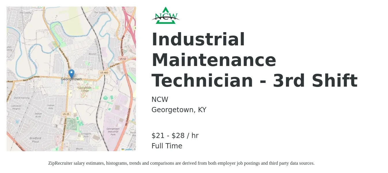NCW job posting for a Industrial Maintenance Technician - 3rd Shift in Georgetown, KY with a salary of $22 to $30 Hourly with a map of Georgetown location.