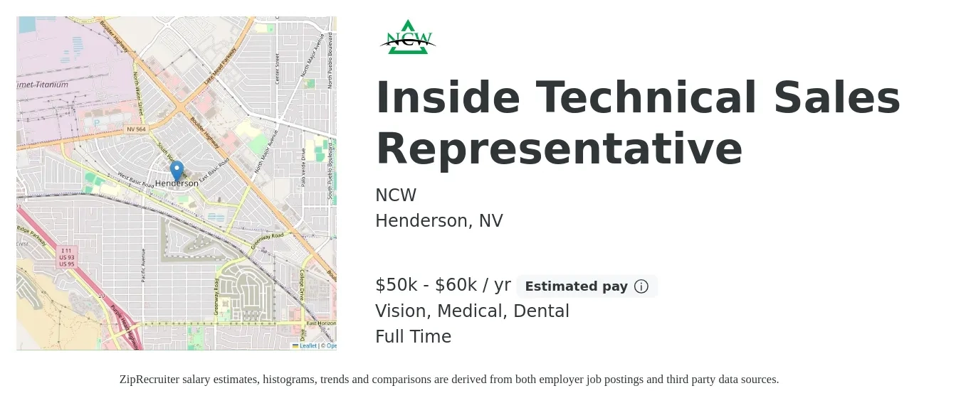NCW job posting for a Inside Technical Sales Representative in Henderson, NV with a salary of $50,000 to $60,000 Yearly (plus commission) and benefits including retirement, vision, dental, and medical with a map of Henderson location.