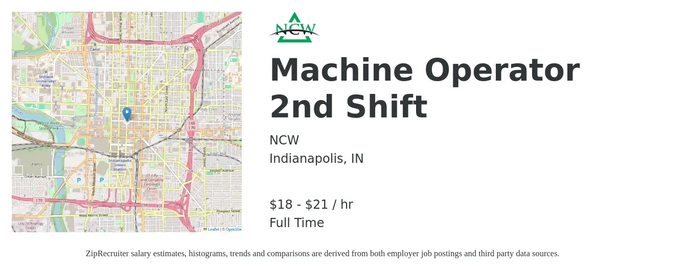 NCW job posting for a Machine Operator 2nd Shift in Indianapolis, IN with a salary of $19 to $22 Hourly with a map of Indianapolis location.