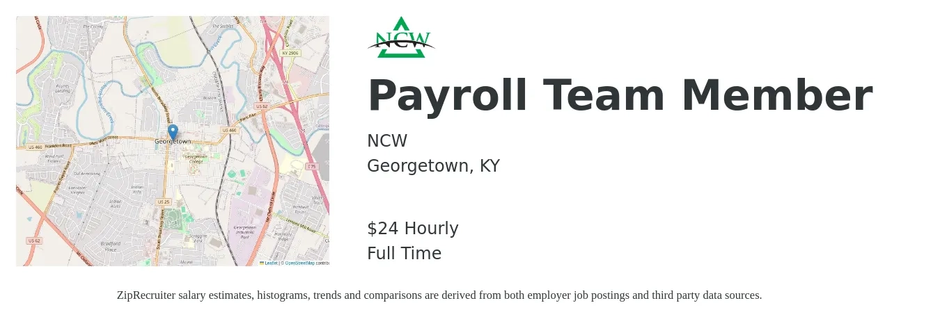 NCW job posting for a Payroll Team Member in Georgetown, KY with a salary of $25 Hourly with a map of Georgetown location.