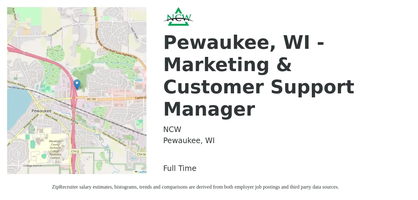 NCW job posting for a Pewaukee, WI - Marketing & Customer Support Manager in Pewaukee, WI with a salary of $58,700 to $95,900 Yearly with a map of Pewaukee location.