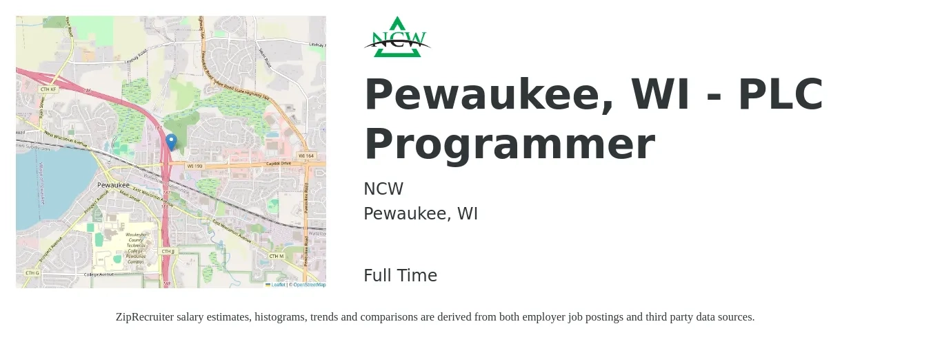 NCW job posting for a Pewaukee, WI - PLC Programmer in Pewaukee, WI with a salary of $66,500 to $90,500 Yearly with a map of Pewaukee location.