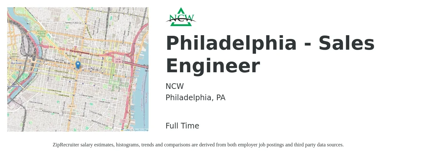 NCW job posting for a Philadelphia - Sales Engineer in Philadelphia, PA with a salary of $75,700 to $113,500 Yearly with a map of Philadelphia location.
