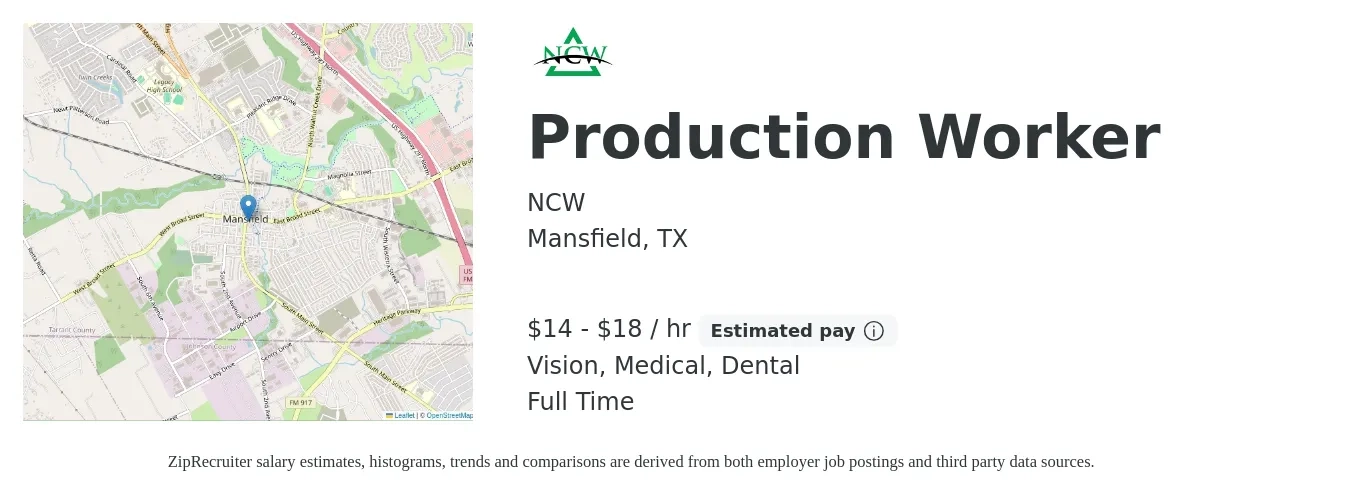 NCW job posting for a Production Worker in Mansfield, TX with a salary of $15 to $19 Hourly and benefits including dental, medical, pto, retirement, and vision with a map of Mansfield location.