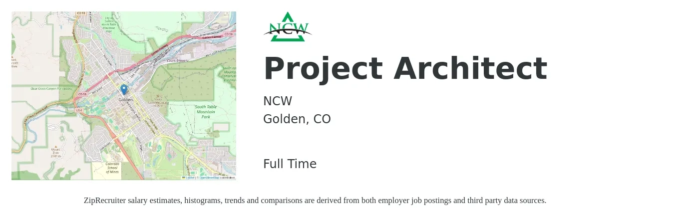 NCW job posting for a Project Architect in Golden, CO with a salary of $85,700 to $114,600 Yearly with a map of Golden location.