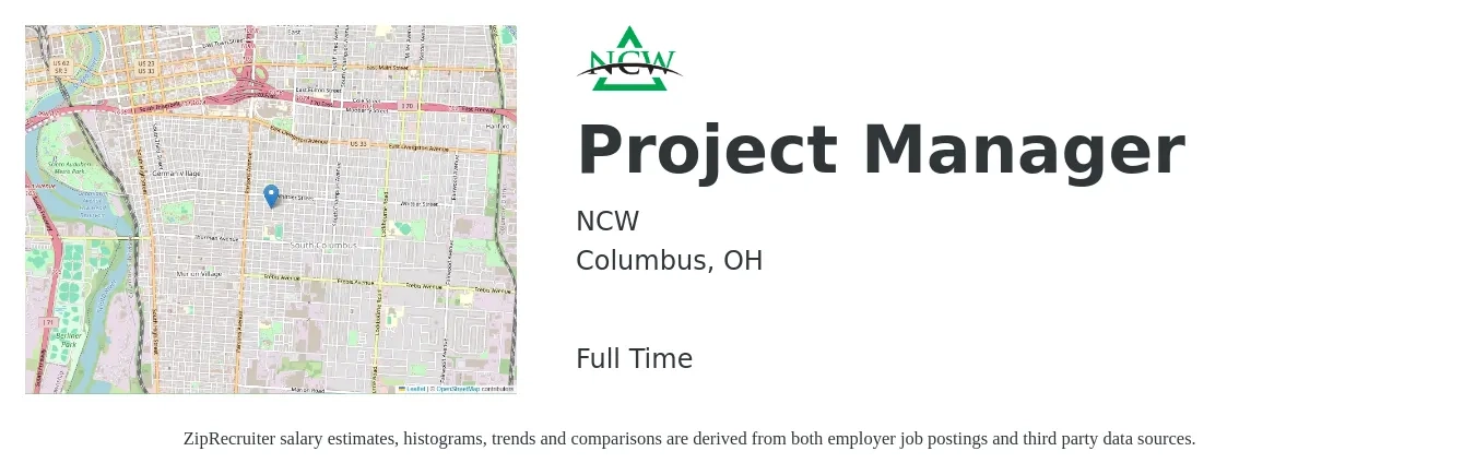 NCW job posting for a Project Manager in Columbus, OH with a salary of $75,800 to $118,800 Yearly with a map of Columbus location.