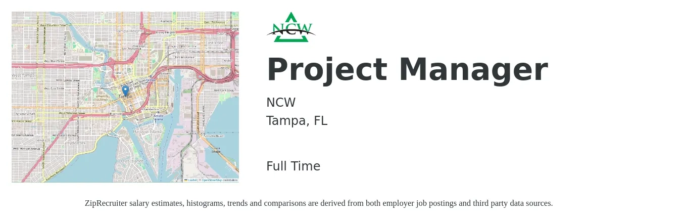 NCW job posting for a Project Manager in Tampa, FL with a salary of $74,200 to $116,200 Yearly with a map of Tampa location.