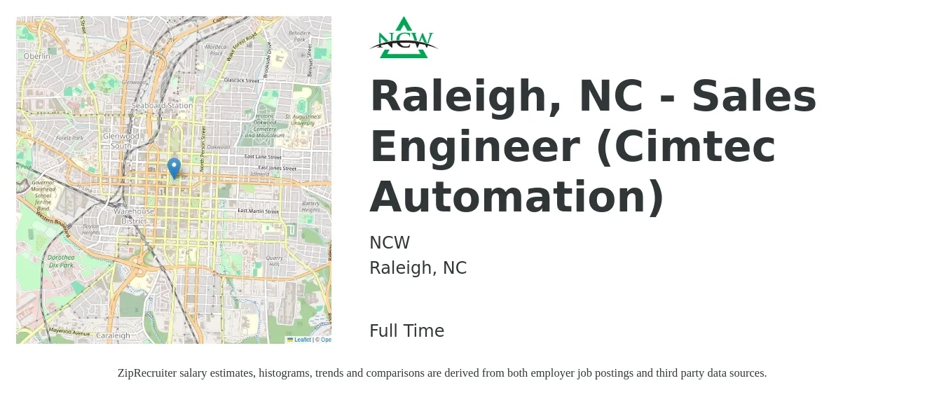 NCW job posting for a Raleigh, NC - Sales Engineer (Cimtec Automation) in Raleigh, NC with a salary of $72,900 to $109,400 Yearly with a map of Raleigh location.