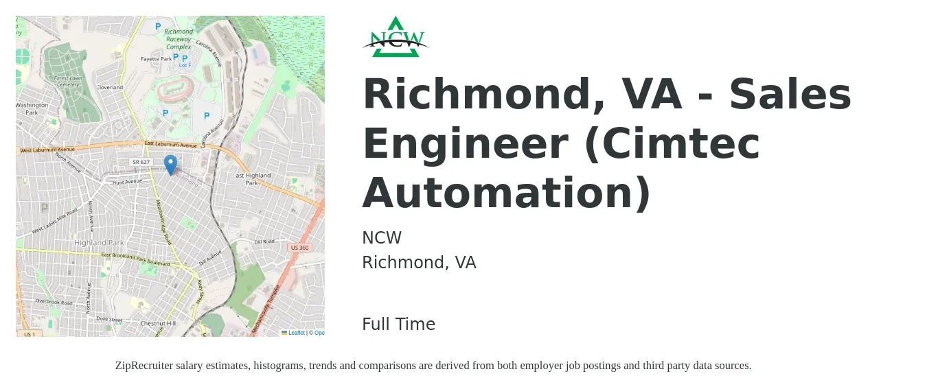 NCW job posting for a Richmond, VA - Sales Engineer (Cimtec Automation) in Richmond, VA with a salary of $74,200 to $111,300 Yearly with a map of Richmond location.