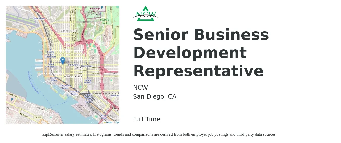 NCW job posting for a Senior Business Development Representative in San Diego, CA with a salary of $47,800 to $74,300 Yearly with a map of San Diego location.