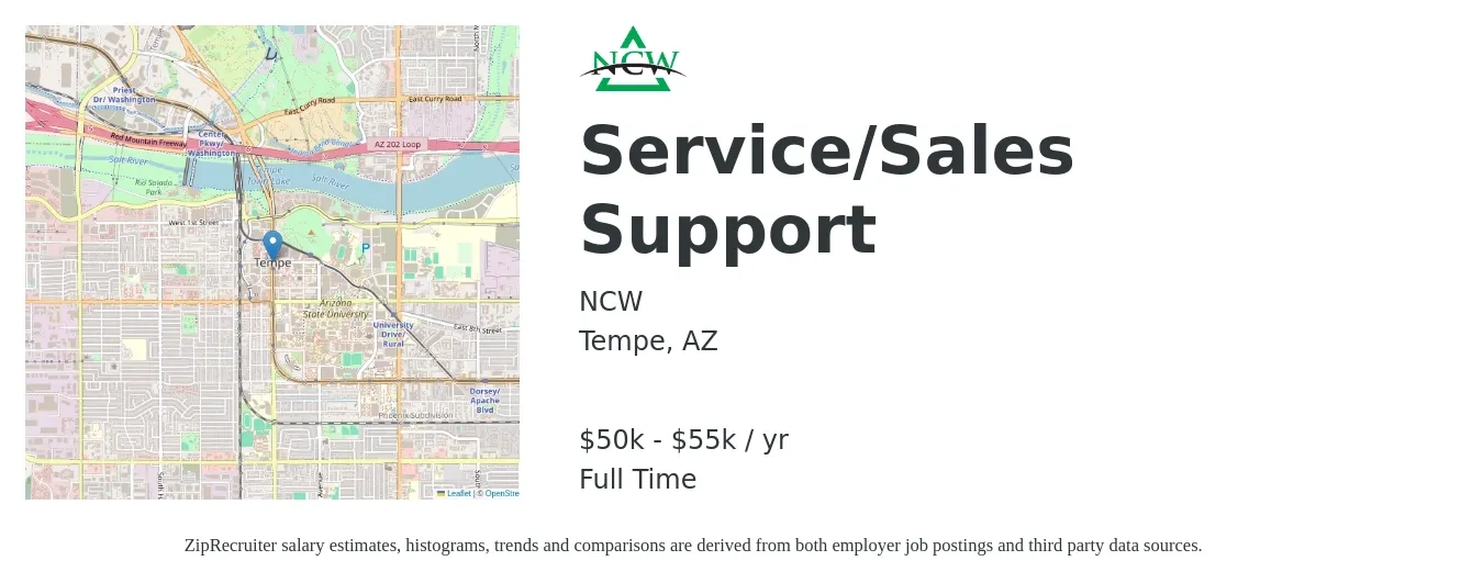NCW job posting for a Service/Sales Support in Tempe, AZ with a salary of $50,000 to $55,000 Yearly with a map of Tempe location.