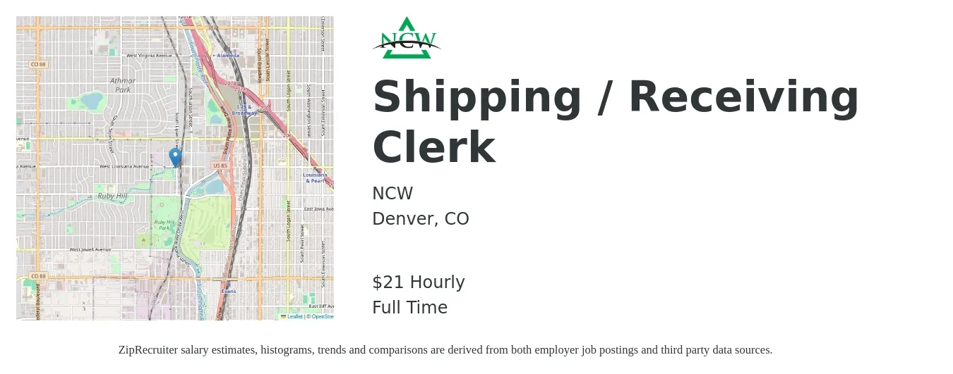 NCW job posting for a Shipping / Receiving Clerk in Denver, CO with a salary of $22 Hourly with a map of Denver location.