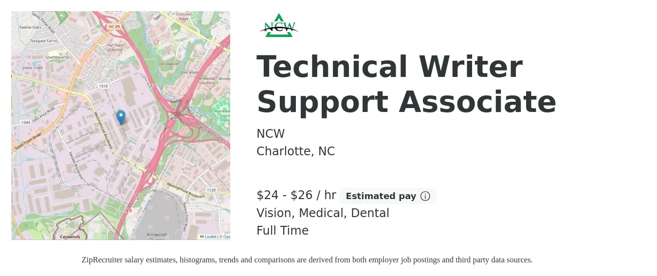 NCW job posting for a Technical Writer Support Associate in Charlotte, NC with a salary of $25 to $28 Hourly and benefits including dental, medical, pto, retirement, and vision with a map of Charlotte location.