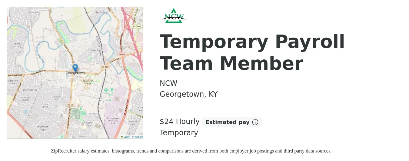 NCW job posting for a Temporary Payroll Team Member in Georgetown, KY with a salary of $25 Hourly with a map of Georgetown location.
