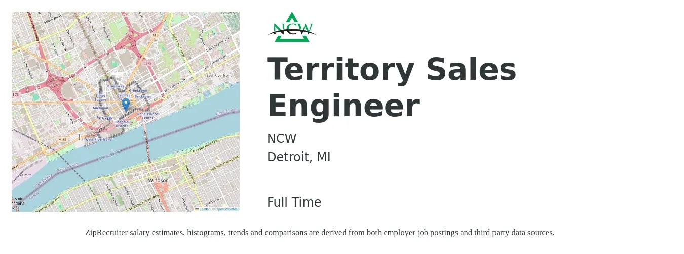 NCW job posting for a Territory Sales Engineer in Detroit, MI with a salary of $74,200 to $111,400 Yearly with a map of Detroit location.