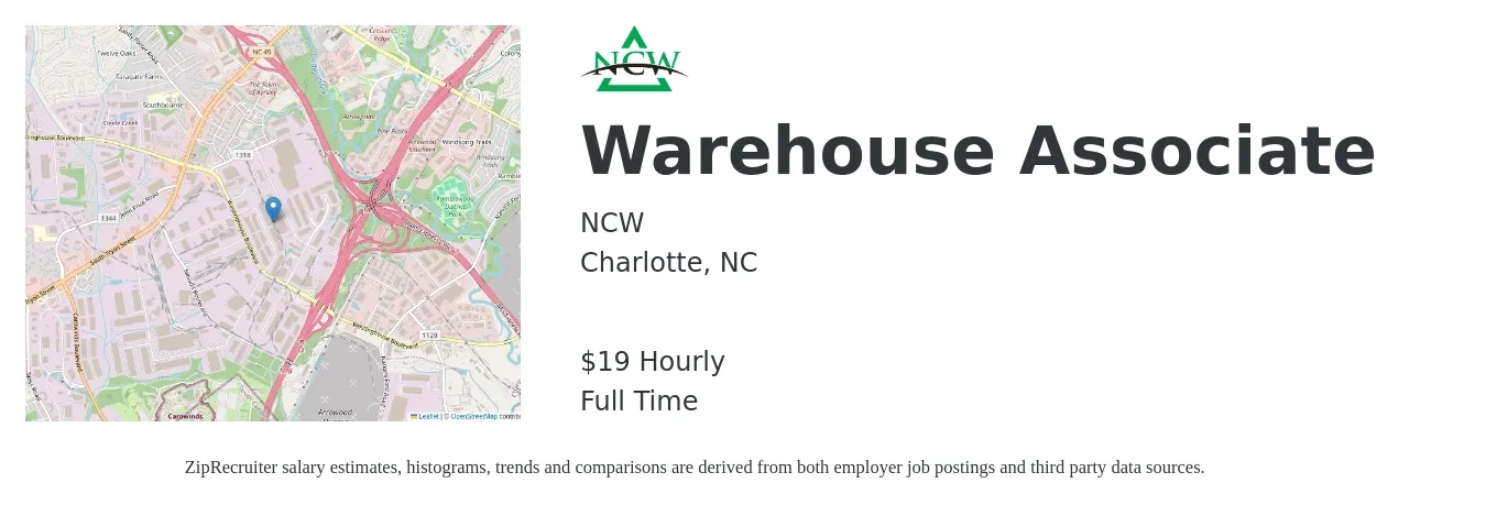 NCW job posting for a Warehouse Associate in Charlotte, NC with a salary of $20 Hourly with a map of Charlotte location.