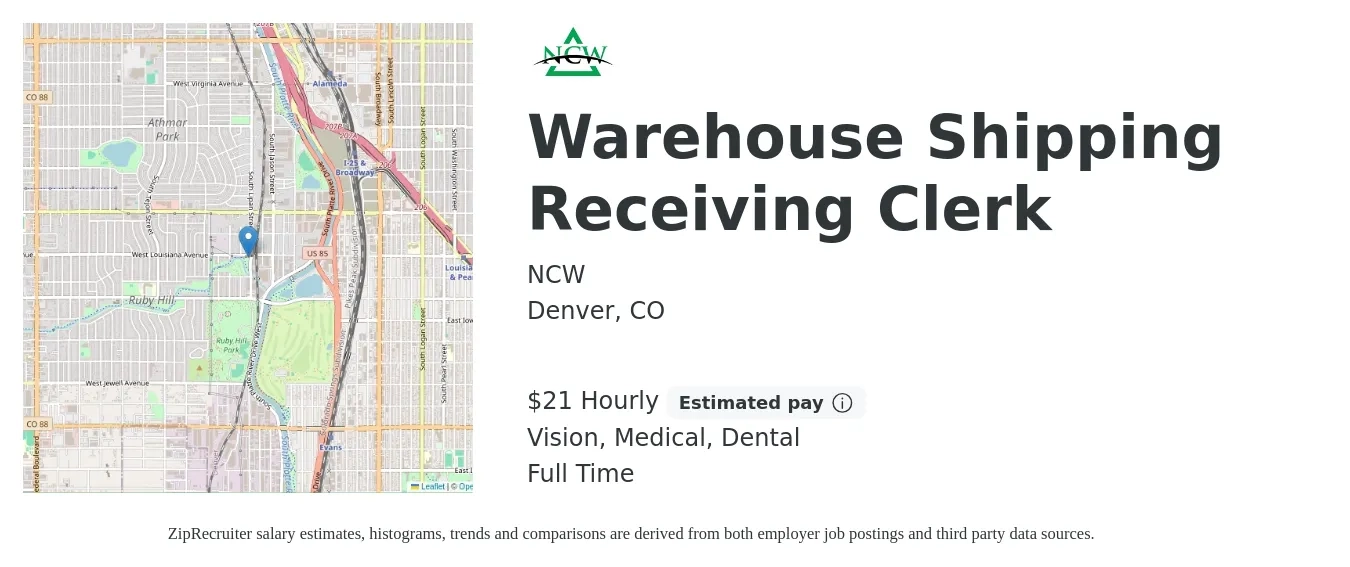 NCW job posting for a Warehouse Shipping Receiving Clerk in Denver, CO with a salary of $22 Hourly and benefits including pto, retirement, vision, dental, and medical with a map of Denver location.