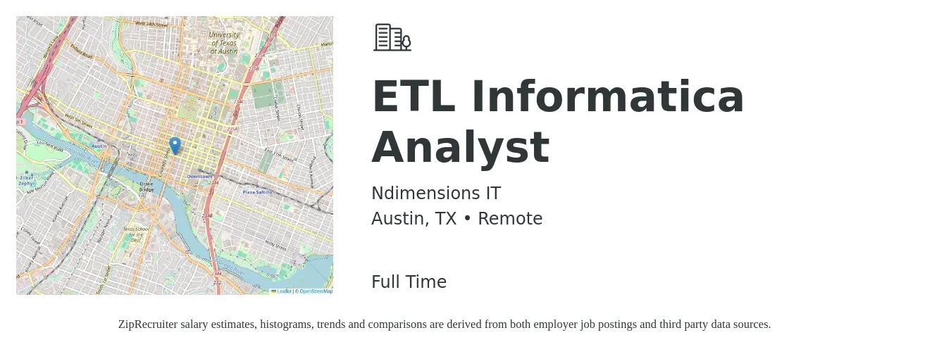 Ndimensions IT job posting for a ETL Informatica Analyst in Austin, TX with a salary of $54 to $70 Hourly with a map of Austin location.