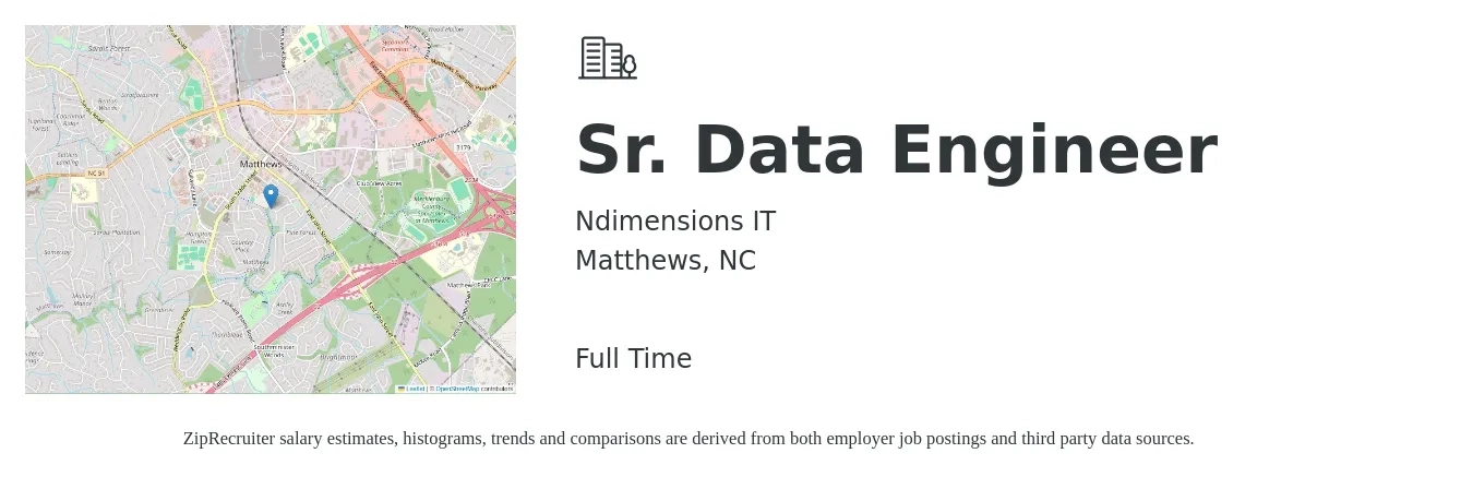 Ndimensions IT job posting for a Sr. Data Engineer in Matthews, NC with a salary of $107,600 to $129,200 Yearly with a map of Matthews location.