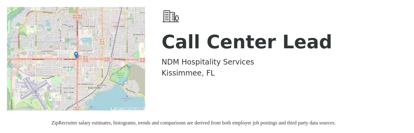 NDM Hospitality Services job posting for a Call Center Lead in Kissimmee, FL with a salary of $16 to $24 Hourly with a map of Kissimmee location.