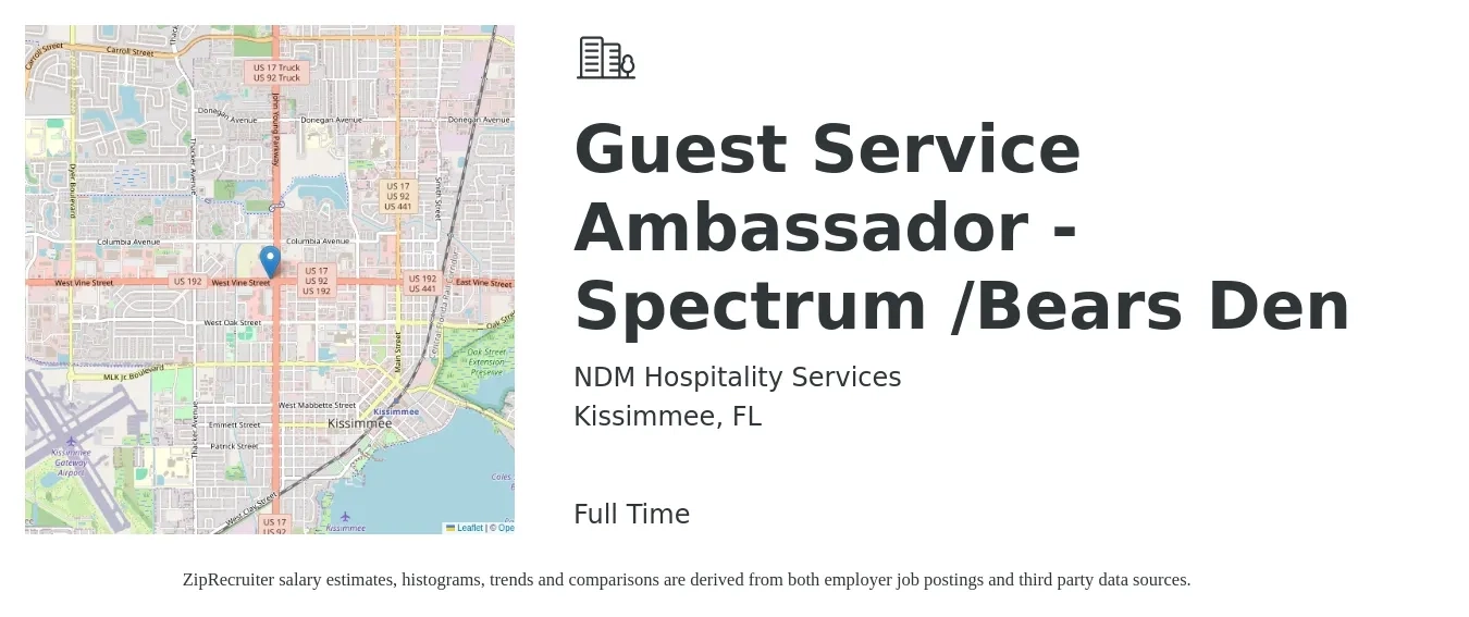 NDM Hospitality Services job posting for a Guest Service Ambassador - Spectrum /Bears Den in Kissimmee, FL with a salary of $13 to $16 Hourly with a map of Kissimmee location.