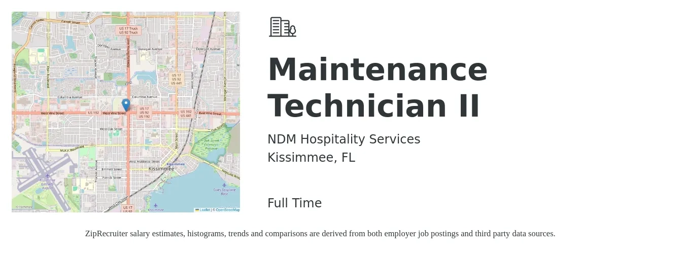 NDM Hospitality Services job posting for a Maintenance Technician II in Kissimmee, FL with a salary of $16 to $22 Hourly with a map of Kissimmee location.