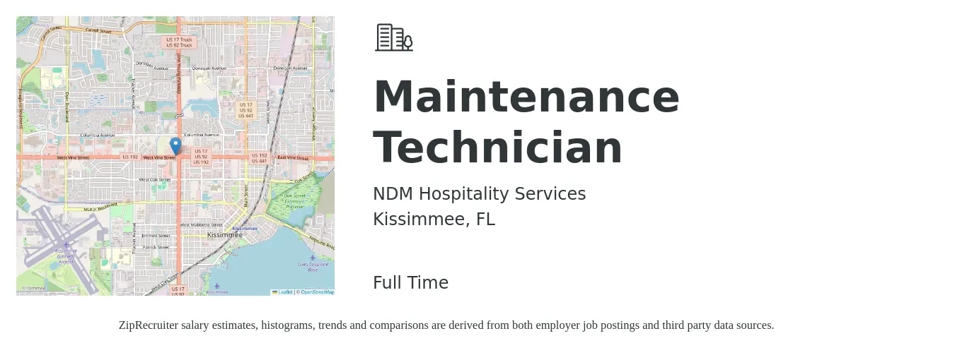 NDM Hospitality Services job posting for a Maintenance Technician in Kissimmee, FL with a salary of $16 to $22 Hourly with a map of Kissimmee location.
