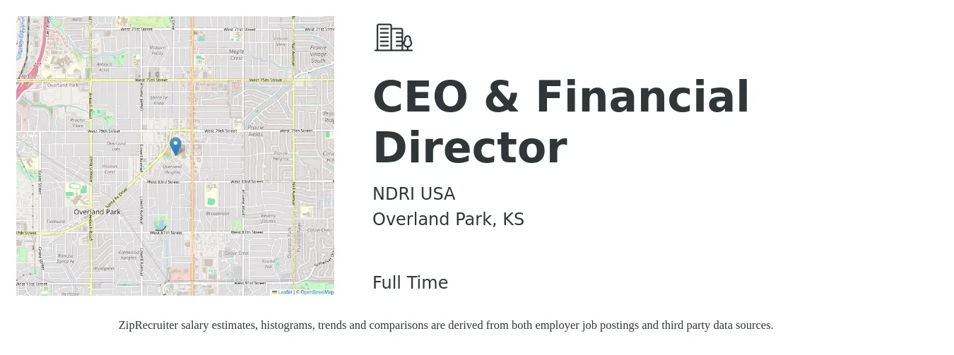 NDRI USA job posting for a CEO & Financial Director in Overland Park, KS with a salary of $150,000 to $170,000 Yearly with a map of Overland Park location.