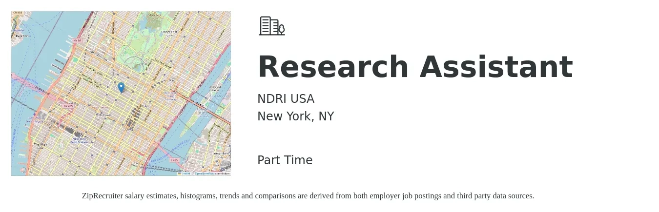 NDRI USA job posting for a Research Assistant in New York, NY with a salary of $40,000 Yearly with a map of New York location.