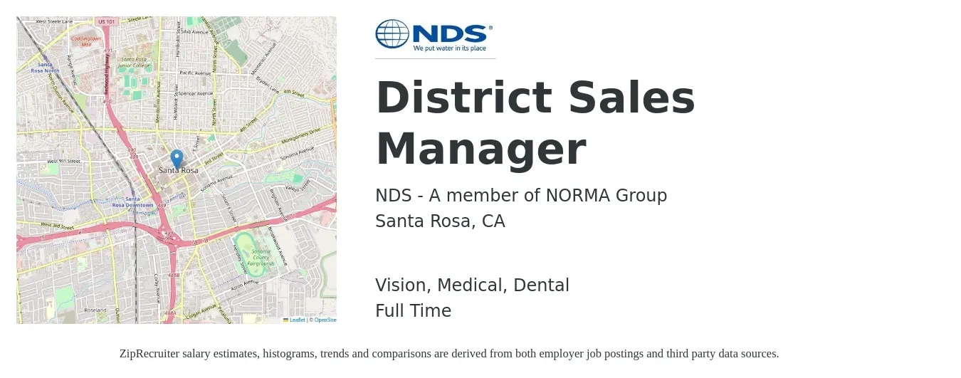NDS - A member of NORMA Group job posting for a District Sales Manager in Santa Rosa, CA with a salary of $72,200 to $110,400 Yearly and benefits including dental, life_insurance, medical, retirement, and vision with a map of Santa Rosa location.