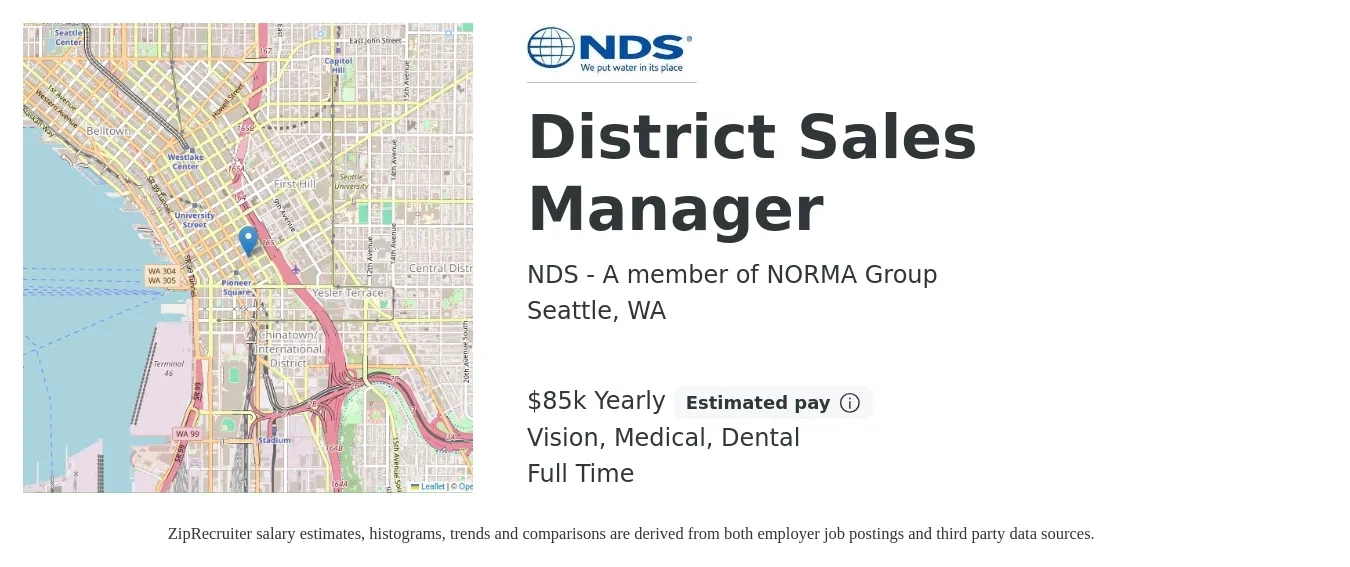 NDS - A member of NORMA Group job posting for a District Sales Manager in Seattle, WA with a salary of $85,000 Yearly (plus commission) and benefits including dental, life_insurance, medical, retirement, and vision with a map of Seattle location.
