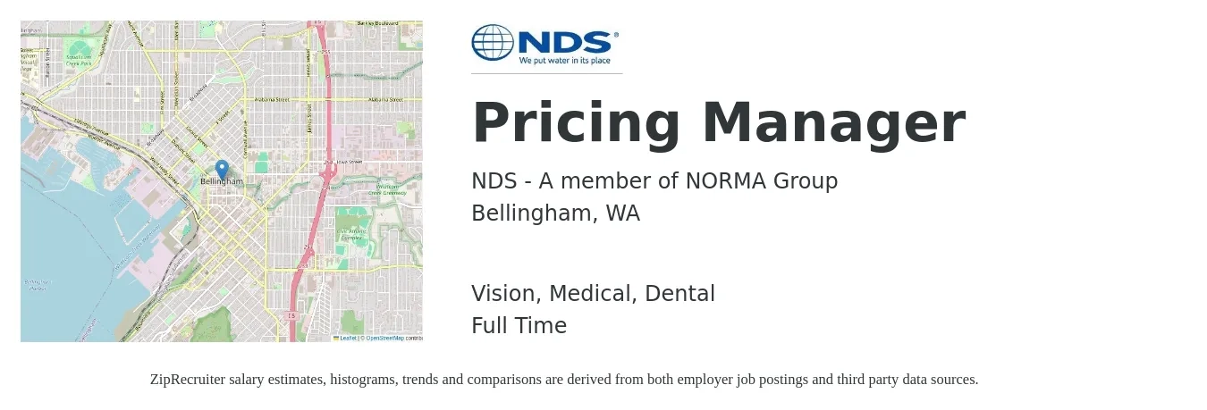 NDS - A member of NORMA Group job posting for a Pricing Manager in Bellingham, WA with a salary of $72,800 to $123,200 Yearly and benefits including dental, life_insurance, medical, pto, retirement, and vision with a map of Bellingham location.
