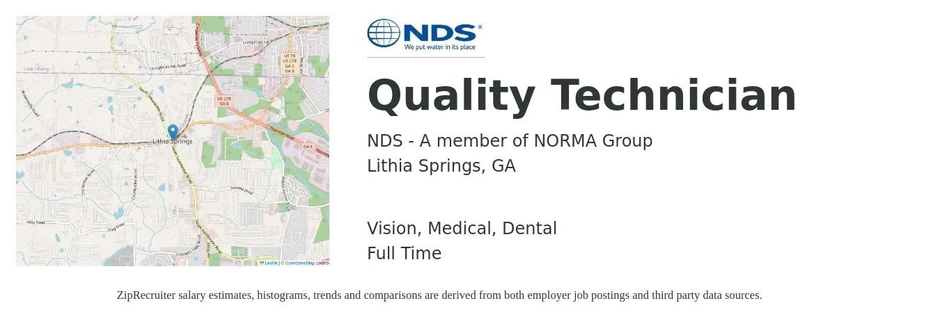 NDS - A member of NORMA Group job posting for a Quality Technician in Lithia Springs, GA with a salary of $16 to $22 Hourly and benefits including vision, dental, life_insurance, medical, pto, and retirement with a map of Lithia Springs location.
