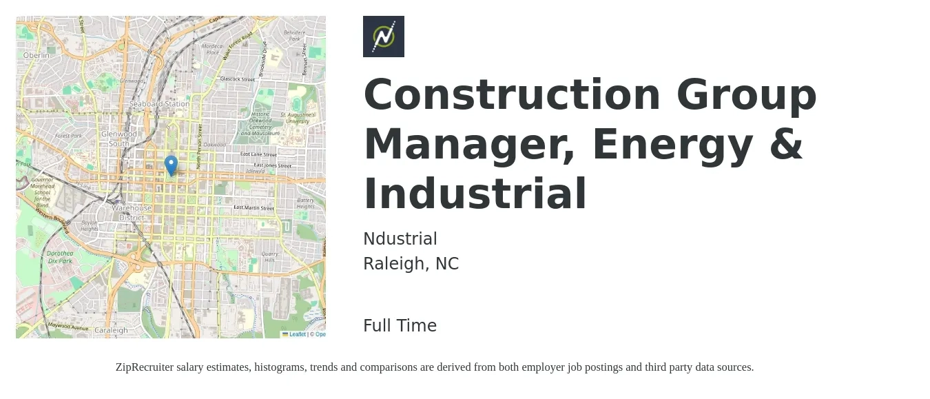 Ndustrial job posting for a Construction Group Manager, Energy & Industrial in Raleigh, NC with a salary of $79,200 to $124,400 Yearly with a map of Raleigh location.