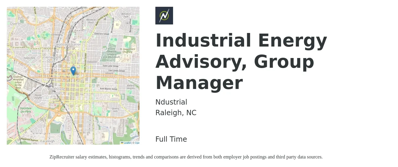 Ndustrial job posting for a Industrial Energy Advisory, Group Manager in Raleigh, NC with a salary of $91,400 to $133,700 Yearly with a map of Raleigh location.