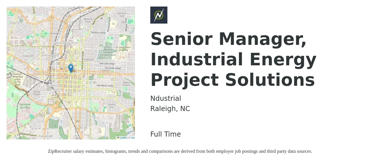 Ndustrial job posting for a Senior Manager, Industrial Energy Project Solutions in Raleigh, NC with a salary of $100,600 to $141,900 Yearly with a map of Raleigh location.
