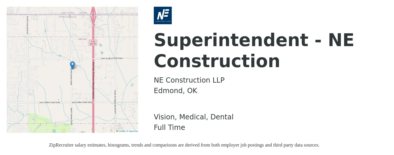 NE Construction LLP job posting for a Superintendent - NE Construction in Edmond, OK with a salary of $64,100 to $104,400 Yearly and benefits including life_insurance, medical, pto, retirement, vision, and dental with a map of Edmond location.