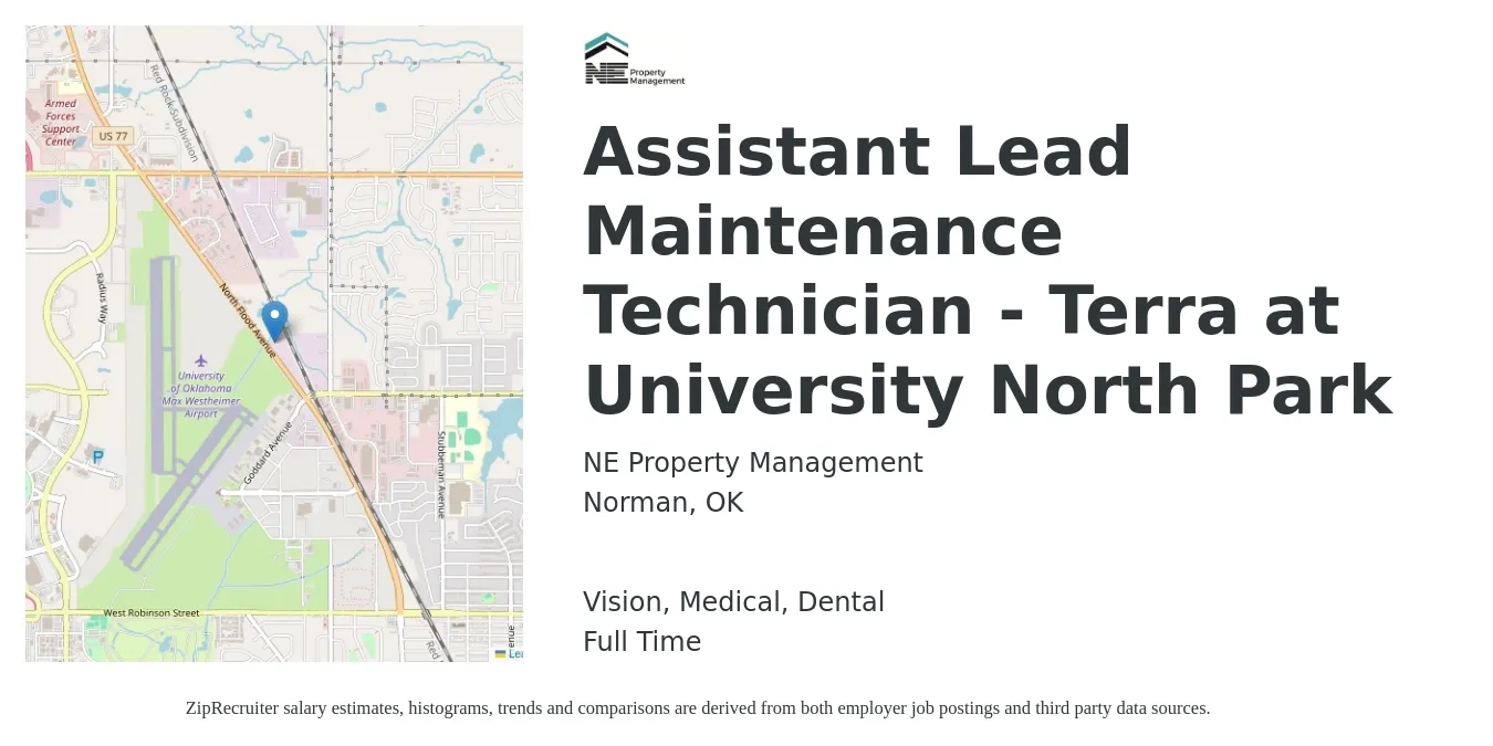 NE Property Management job posting for a Assistant Lead Maintenance Technician - Terra at University North Park in Norman, OK with a salary of $20 to $27 Hourly and benefits including dental, life_insurance, medical, pto, retirement, and vision with a map of Norman location.