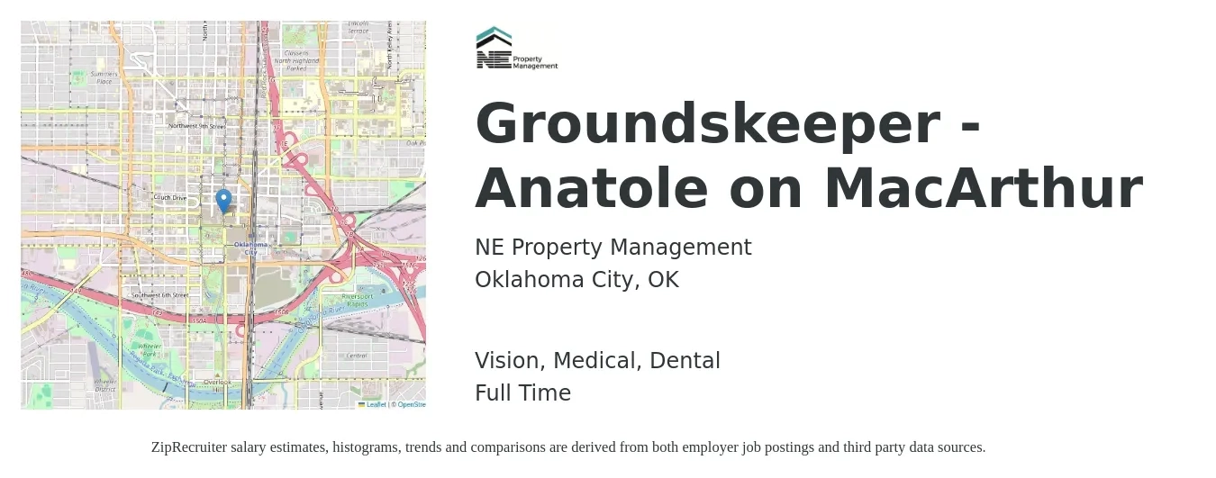 NE Property Management job posting for a Groundskeeper - Anatole on MacArthur in Oklahoma City, OK with a salary of $14 to $18 Hourly and benefits including retirement with a map of Oklahoma City location.