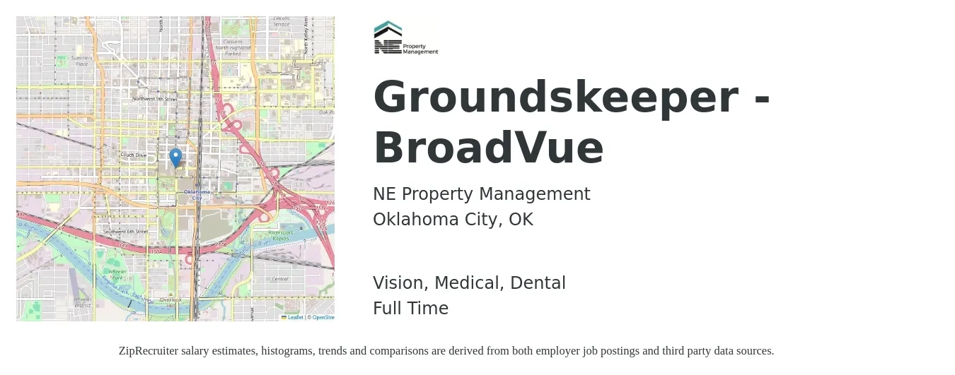 NE Property Management job posting for a Groundskeeper - BroadVue in Oklahoma City, OK with a salary of $14 to $18 Hourly and benefits including pto, retirement, vision, dental, life_insurance, and medical with a map of Oklahoma City location.