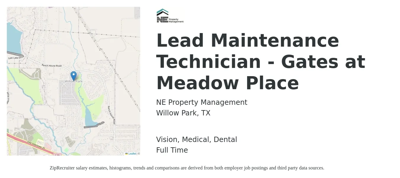 NE Property Management job posting for a Lead Maintenance Technician - Gates at Meadow Place in Willow Park, TX with a salary of $22 to $30 Hourly and benefits including dental, life_insurance, medical, pto, retirement, and vision with a map of Willow Park location.